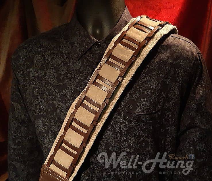 Well-Hung No Prisoners "MonsterMan" 3.5" wide padded leather guitar strap Sand Suede, with walnut image 1