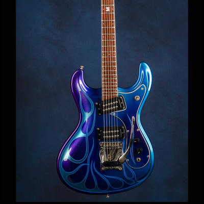 Mosrite [Vibramute Model] specially built for Mick Mars of Mötley Crüe by Semie Mosely 1991 Metallic blue/purple with flame pinstriping image 1