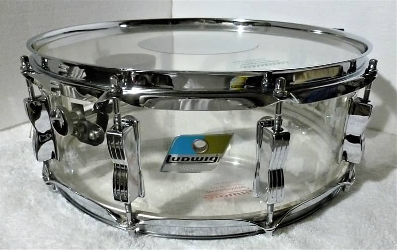 LUDWIG VISTALITE Snare Drum 5 x 14 Clear Acrylic Shell ALL Original 70s Blue & Olive Badge 10 Lug EC image 1