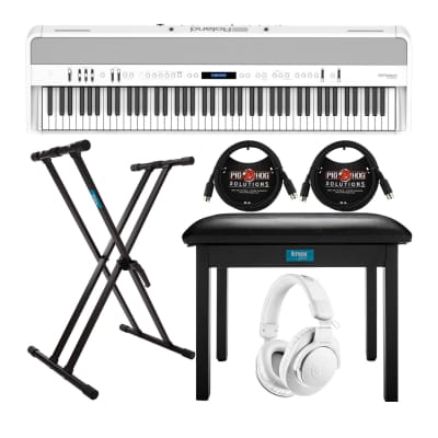 Roland FP-90X 88-Key Digital Piano (White) with ATH-M20X Headphones, Adjustable Stand, Bench, and MIDI Cables (6 Items)