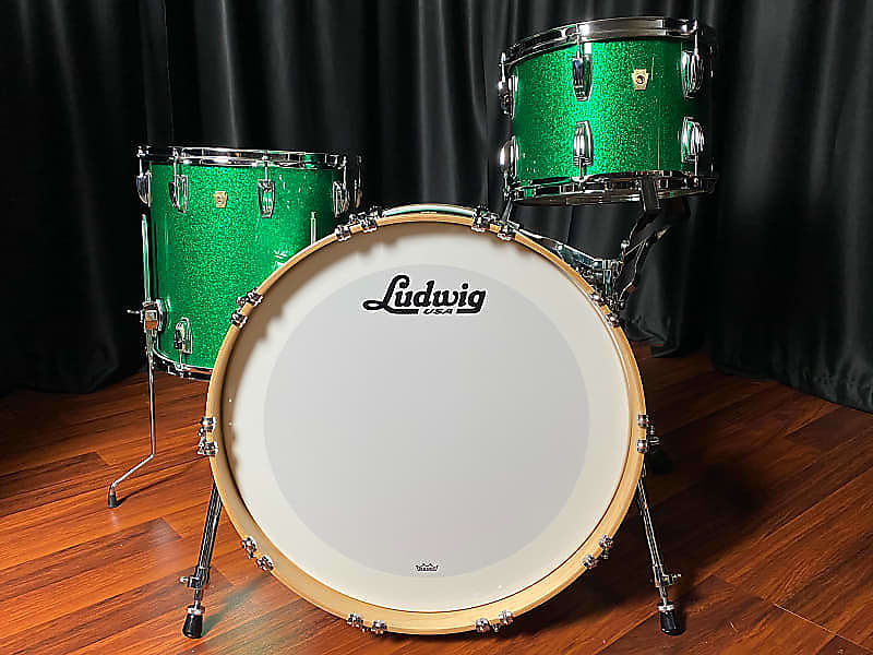 Ludwig Classic Maple Green Sparkle Fab kit w/ Vintage White Marine Bass Hoop Inlays image 1