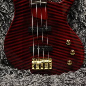 Defrancesco 4 string bass, red & black stripes, bird inlays, Jazz pickups + hard shell case image 5
