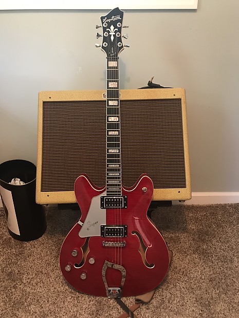 Left Handed Hagstrom Super Viking Semi Hollow Electric Guitar Wild Cherry Transparent