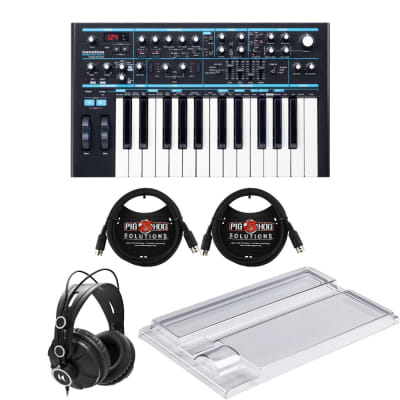 Novation Bass Station II Synthesizer with Analog Sound - MIDI Controller Included - Monophonic Synth - Bundle with Protective Hard Case, Over-Ear Headphones, and MIDI Cables (5 Items)