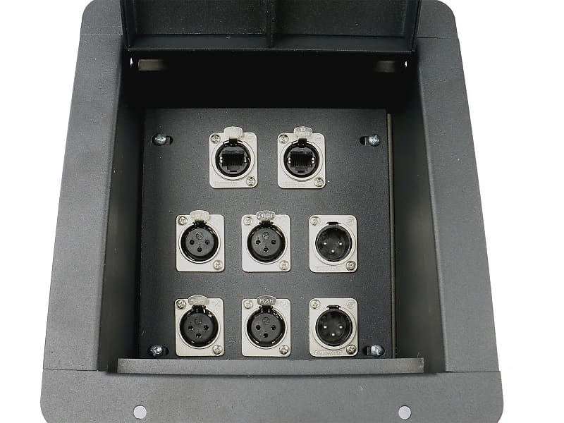 Elite Core FB8-6XF1XM1E Recessed Floor Box loaded with 6 XLR Female, 1 XLR Male, and 1 Tactical Ethernet image 1