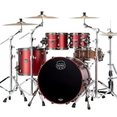 MAPEX SATURN EVOLUTION CLASSIC BIRCH 4-PIECE SHELL PACK - HALO MOUNTING SYSTEM - BIRCH AND WALNUT HYBRID SHELL - FINISH: Tuscan Red Lacquer (PA)  HARDWARE: Black Brushed Hardware (B) image 3