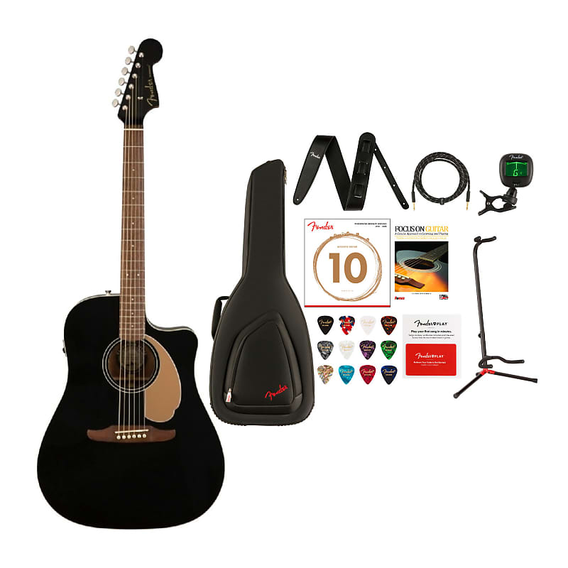 Fender Redondo Player 6-String Acoustic Guitar (Right-Hand, Jetty Black)  with Gig Bag, Leather Strap, Instrument Cable, Guitar Stand, Clip-On Tuner, 