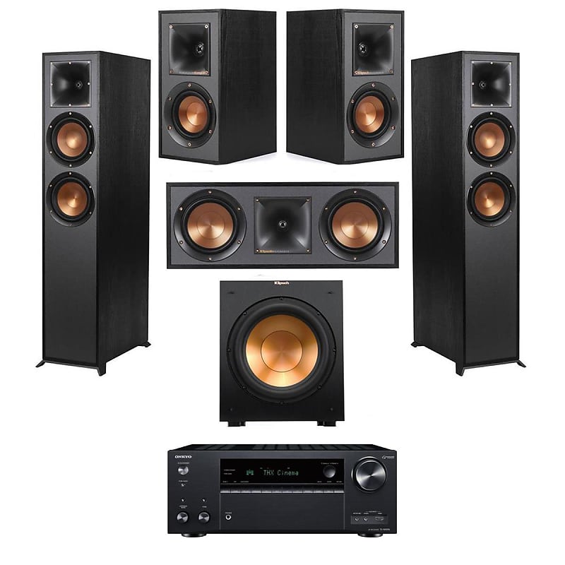 Klipsch Reference 5.1 Home Theater System with 2x R-625FA Floorstanding Speaker, R-12SW Subwoofer, R-52C Center Channel, R-41M Bookshelf Speaker and TX-NR696 7.2-Channel Receiver, Black  			