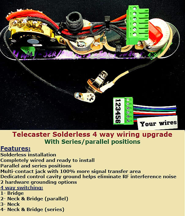 Telecaster Solderless 4 Way wiring harness with Parallel / Reverb