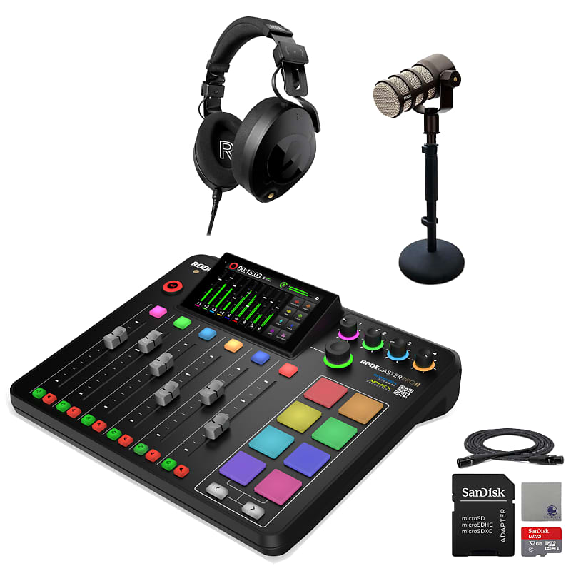 Rode RODECaster Pro II Integrated Audio Production Console with Rode  PodMic, NTH-100 Studio Headphones, DS1 Microphone Stand, SanDisk 32GB  microSD Card, XLR Cable and StreamEye Cloth