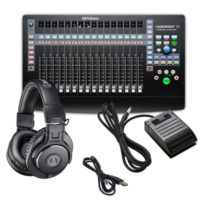 PreSonus Faderport 16 - Mix Production Controller with Audio-Technica ATH-M30x Professional Monitor Headphones + Universal Footswitch and USB Cable image 1
