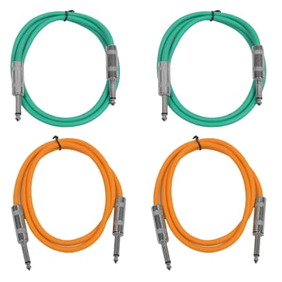 4 Pack of 2 Foot 1/4" TS Patch Cables 2' Extension Cords Jumper - Green & Orange image 1