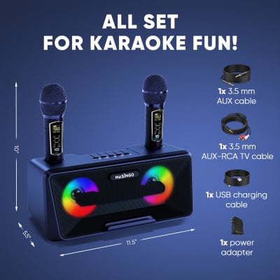 MASINGO Karaoke Machine for Adults and Kids with 2 UHF Wireless Microphones, Portable Bluetooth Singing Speaker, Colorful LED Lights, PA System, Lyrics Display Holder & TV Cable - Presto G2 Blue image 9