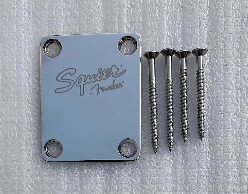 Squier Guitar Neck Plate with Screws in Chrome | Reverb