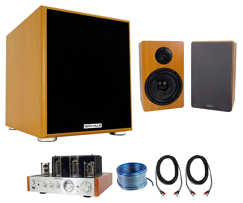 Rockville Bluetooth Tube Amplifier+(2) 6.5&quot; Bookshelf Speakers+10&quot; Subwoofer  			