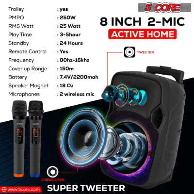 5 Core DJ speakers 8" Rechargeable Powered PA system 250W Loud Speaker Bluetooth USB SD Card AUX MP3 FM LED Ring - ACTIVE HOME 8 2-MIC image 4