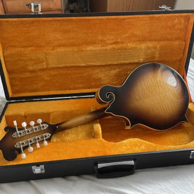 Vintage F Style Mandolin. JAPAN 1970's. ‘Bradley’ brand. K&K Pickup installed with hard case. Book matched flame maple with DOUBLE SNAKE EYES. for sale