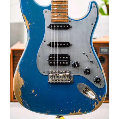 Luxxtone Choppa S Heavy Aging HSS-Lake Placid Blue w/Aluminum Anodized Pickguard, Abalone Inlay & 1-Piece Roasted Flame Maple Neck for sale