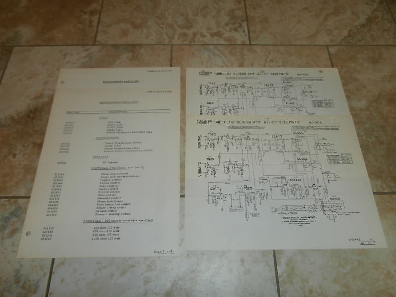 Vintage Early 1970's Fender Vibrolux Reverb Amp Replacement Parts List & Schematic! Case Candy! image 1