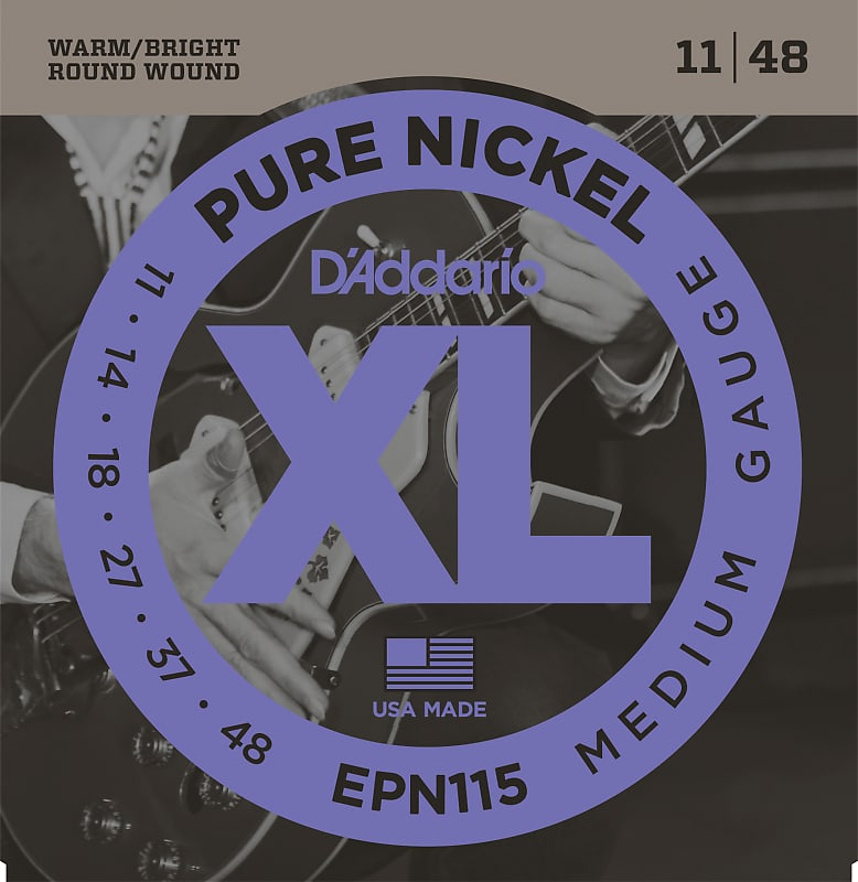 D'Addario EPN115 Pure Nickel Electric Guitar Strings, Blues/Jazz Rock, 11-48 image 1