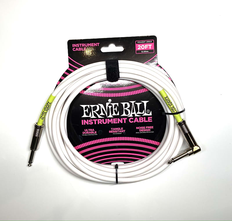 Ernie Ball P06047 Ultraflex Straight 20' Straight to Angled TS White Instrument Cable image 1