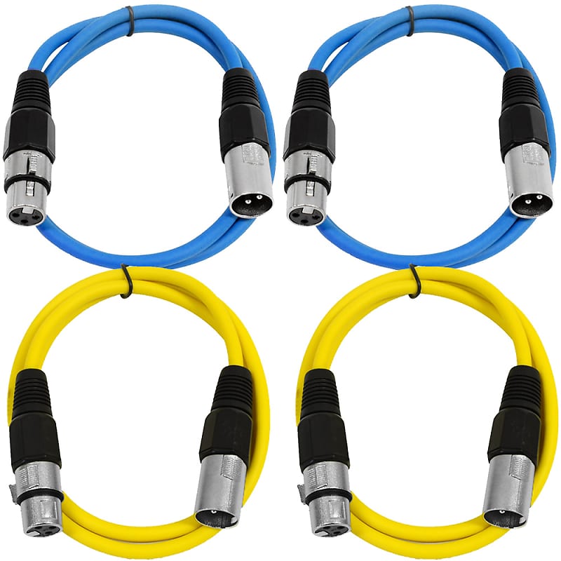 4 Pack of XLR Patch Cables 3 Foot Extension Cords Jumper - Blue and Yellow image 1