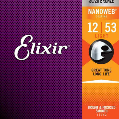 Elixir 11052 Nanoweb 80/20 Bronze Acoustic Guitar Strings .012-.053 Light image 1