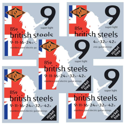 RotoSound Guitar Strings 5-Pack British Steels Stainless Steel Super Light 9-42 for sale