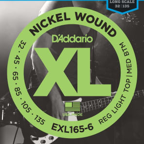 D'Addario EXL165-6 Nickel Wound Long Scale 6-String Bass Guitar Strings, Custom Light Top / Medium Bottom Gauge