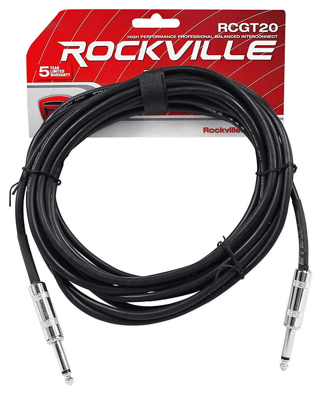 Rockville RCGT20B 20&#039; 1/4&#039;&#039; TS to 1/4&#039;&#039; TS Guitar/Unbalanced Signal Cable-Black  			