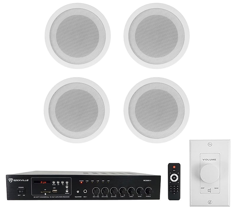 Rockville Commercial Restaurant Amp+(4) 5&quot; White Ceiling Speakers+Wall Control  			