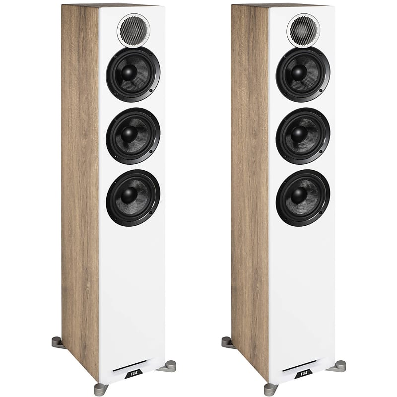ELAC Debut Reference 5.25&quot; Floorstanding Speaker, White Baffle, Oak Cabinet, Pair  			