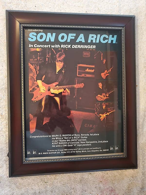 1980 B.C. Rich Guitars Color Promotional Ad Framed Rick Derringer Son Of A Rich Original image 1