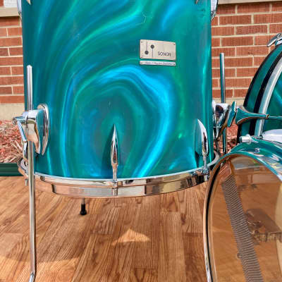 1960s Sonor Teardrop Drum Set Multi-Brilliant Turquoise Satin Flame Blue/Green 20/12/16/5x14 image 8