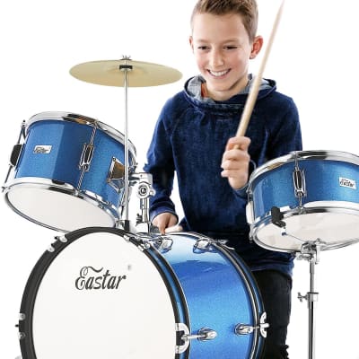 Kids Drum Set 16 Inch 3-Piece, Junior Drum Set Kit With Throne, Cymbal, Pedal & Drumsticks,Metallic Blue (Eds-280Bu) image 3