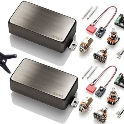 EMG 81 + 60 BRUSHED CHROME ACTIVE HUMBUCKER PICKUP SET SHORT SHAFT POTS & WIRING ( DUNLOP TUNER ) image 1