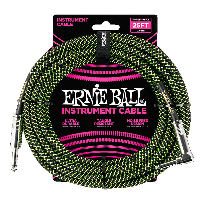 Ernie Ball 25' Black/Green Braided Straight/Angle Instrument Cable P06066 image 1