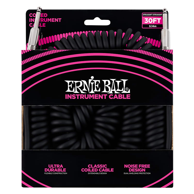 Ernie Ball 30' Coiled Straight / Straight Instrument Cable - Black