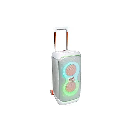 JBL PartyBox Stage 320 - Portable party speaker with telescopic handle & wide, sturdy Wheels, Powerful Pro Sound, Futuristic lightshow, Up to 18 hours of play time, Splash proof (White) image 1