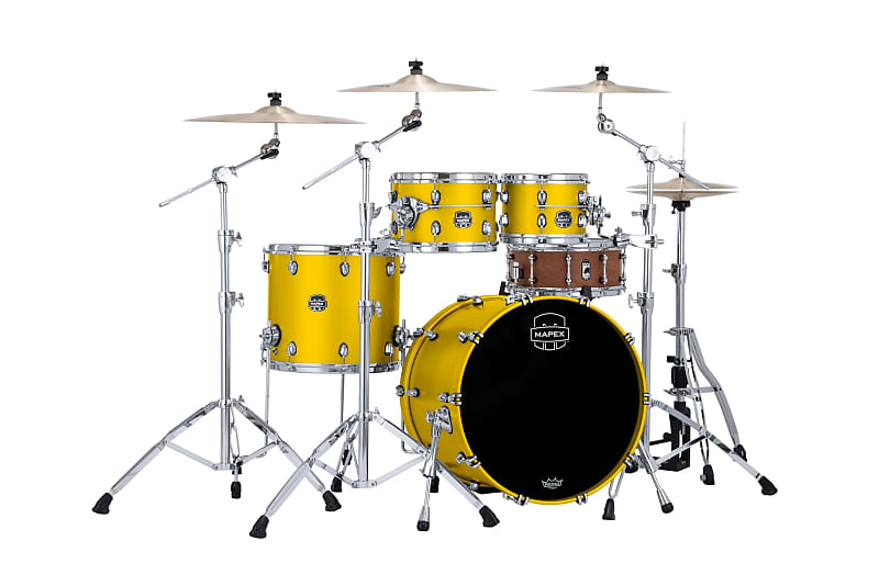 MAPEX SATURN EVOLUTION CLASSIC MAPLE 4-PIECE SHELL PACK - HALO MOUNTING SYSTEM - MAPLE AND WALNUT HYBRID SHELL - FINISH: Tuscan Yellow Lacquer (PM)  HARDWARE: Chrome Hardware (C) image 1
