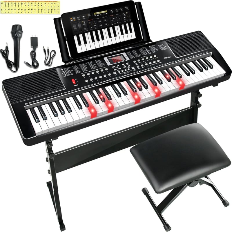 MUSTAR 61 Key Electric Piano with Stand, Touch Sensitive Keys, Headphones,  Microphone, MP3, LCD Screen