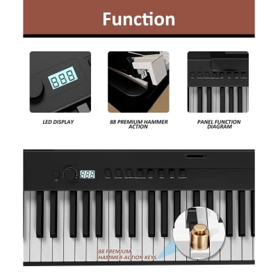 88 Key Piano Keyboard, Digital Piano, 88 Key Weighted Keyboard, Portable Electric Piano With Bluetooth Midi For Beginners, With Sustain Pedal, Power Supply, Black image 2