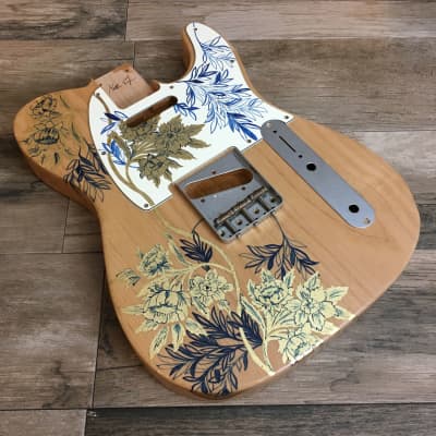 FRANCHIN Mars guitar body and pickguard set Natural with Blue Flowers Gold Leaf Handmade Drawings Alder T-type Made in Italy - Stock piece #05400819 for sale