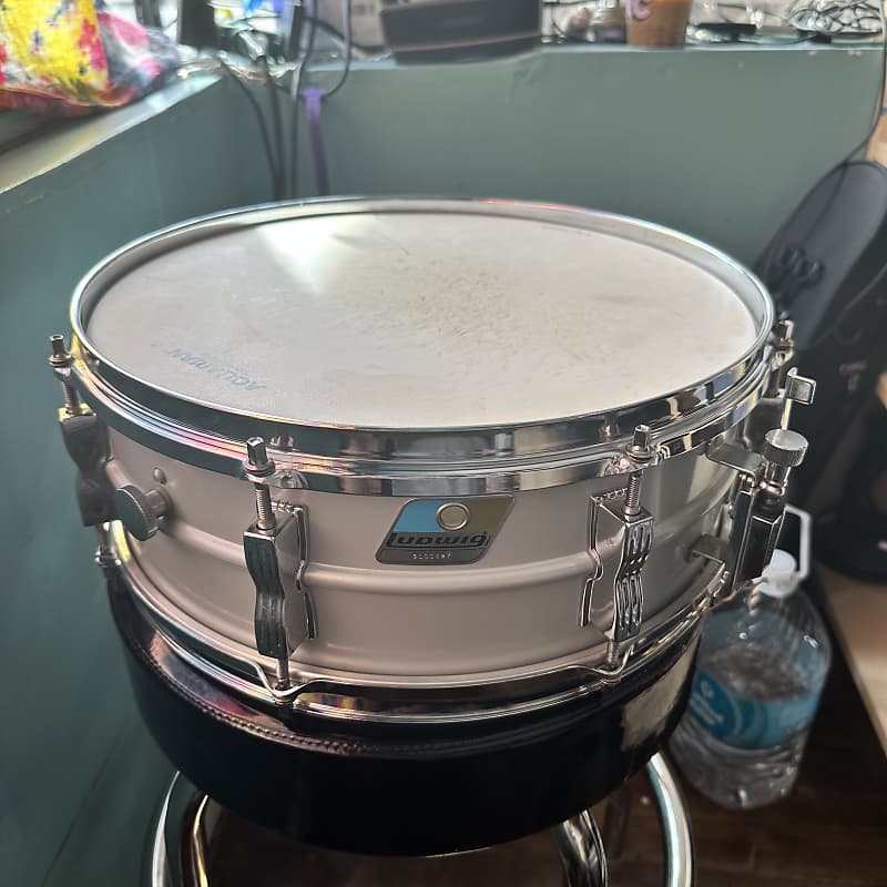 Ludwig L-404 Acrolite 5x14" 8-Lug Aluminum Snare Drum with Rounded Blue/Olive Badge, circa 1980s image 1
