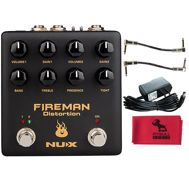 NuX Effects Fireman 9v-18v Distortion Pedal w/ Power Supply, Patch Cables,  Cloth