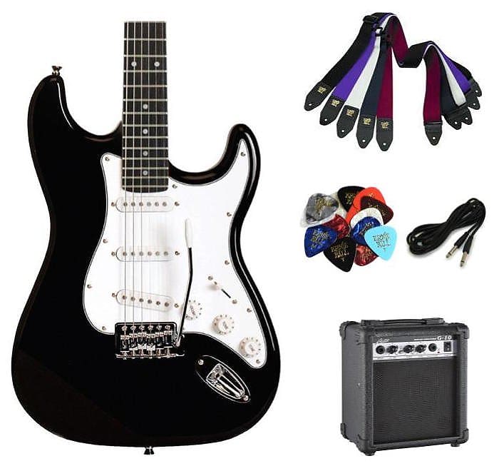 Austin AST100BLK Classic Double Cutaway Electric Guitar - Black- Package with Amplifier, Cable, Strap and Picks image 1