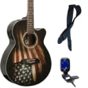 Oscar Schmidt OG10CE Cutaway Concert A/E Guitar, American Flag, Bundle