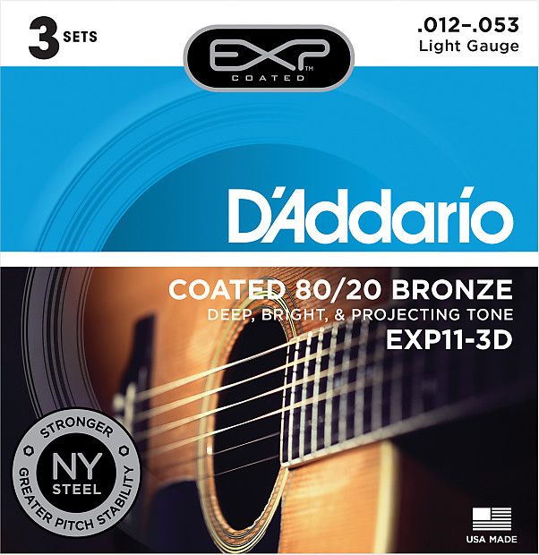 D'Addario EXP11-3D Coated 80/20 Bronze Acoustic Guitar Strings - Light (12-53) 3-Pack image 1