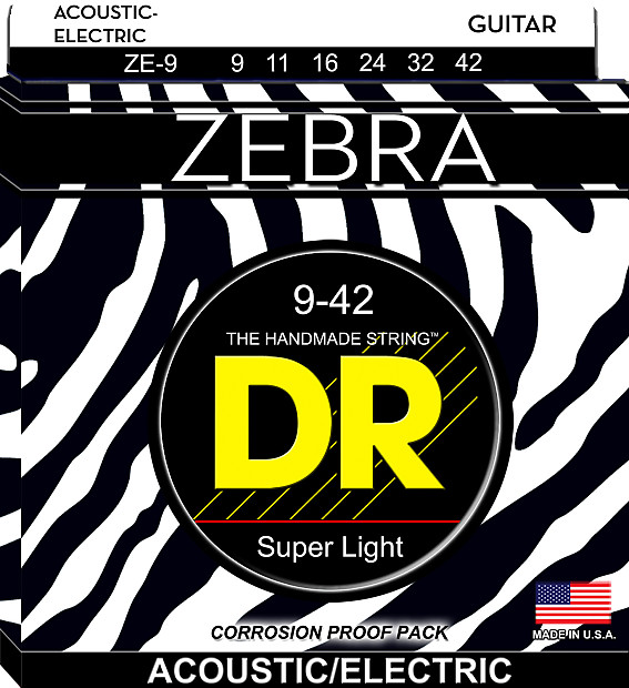 DR ZE 9 Zebra Acoustic Electric Guitar Strings Extra LIght 9 42