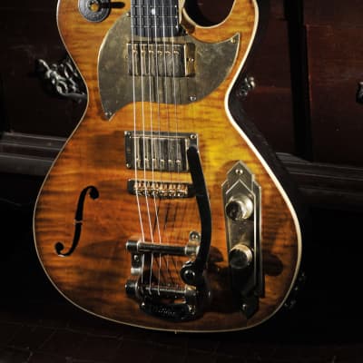 Postal Delta Zephyr Tigerburst Pearly Gates Pups Gold Bigsby Featured in vintage Guitar Magazine image 11